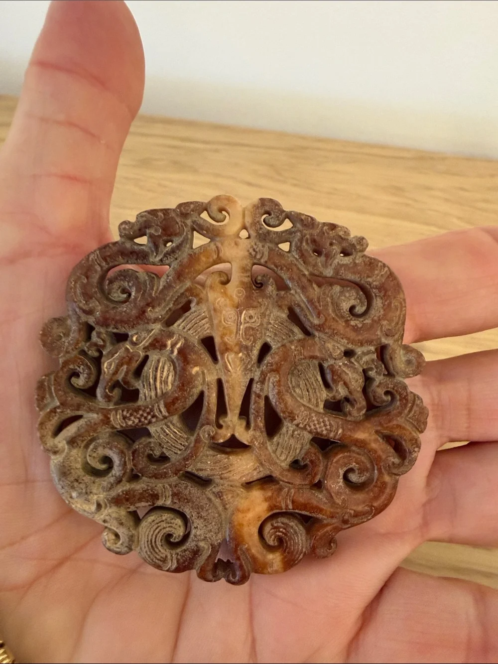 Hand-Carved Stone Thai  Decorative disc in Earthy Brown and Cream